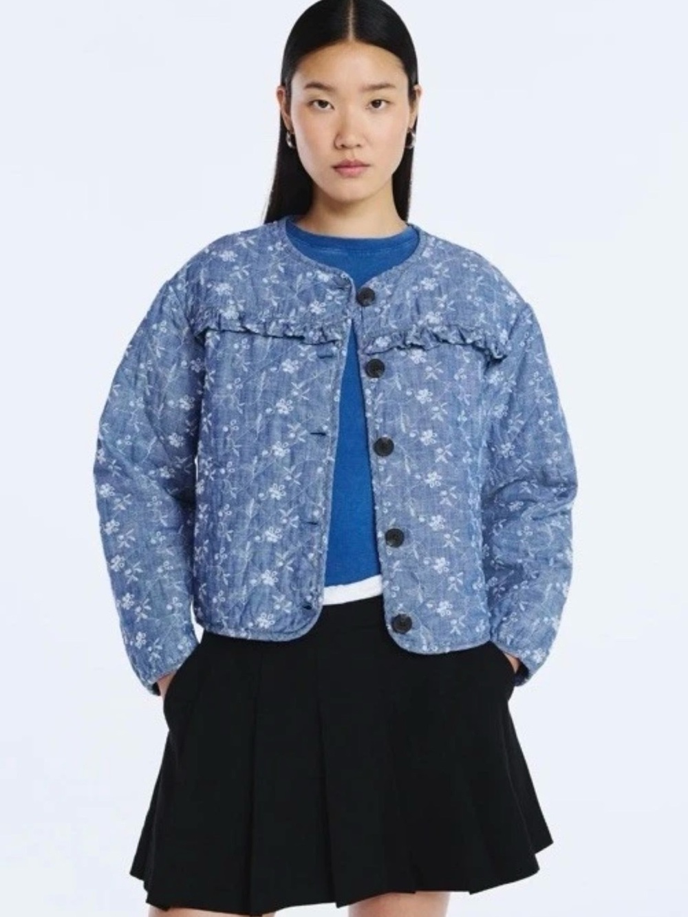 Scoop Womens L Puff Sleeve Eyelet Quilted Jacket Blue Floral Embroidered